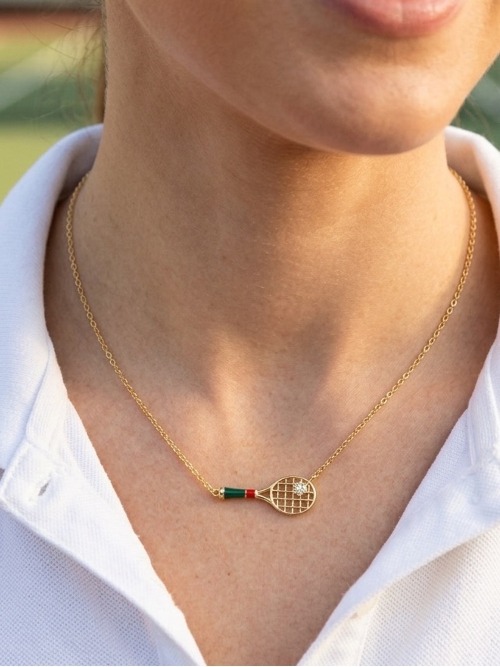 Gold Tennis Racket Necklace with Green and Red Accent - Finding Your Rhythm